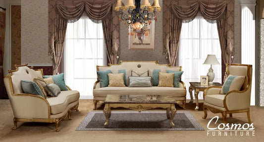 Majestic Traditional Sofa and Loveseat in Gold & Light Beige Wood Finish by Cosmos Furniture - ATL FURNITURE