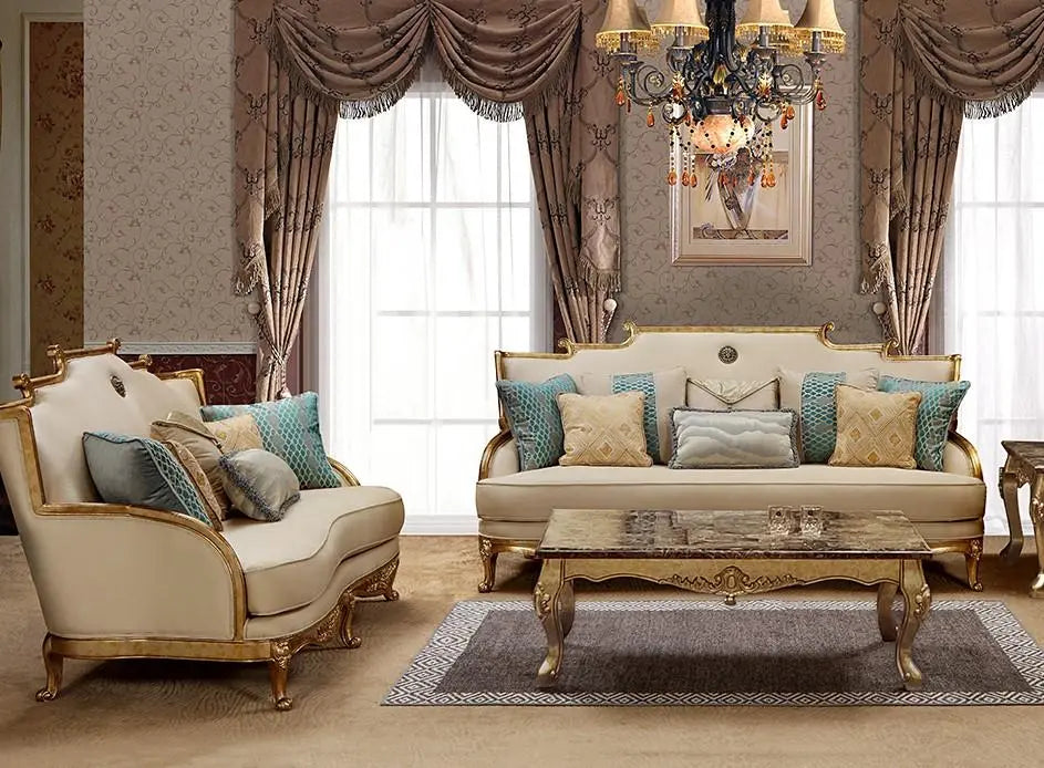 Majestic Traditional Sofa and Loveseat in Gold & Light Beige Wood Finish by Cosmos Furniture - ATL FURNITURE