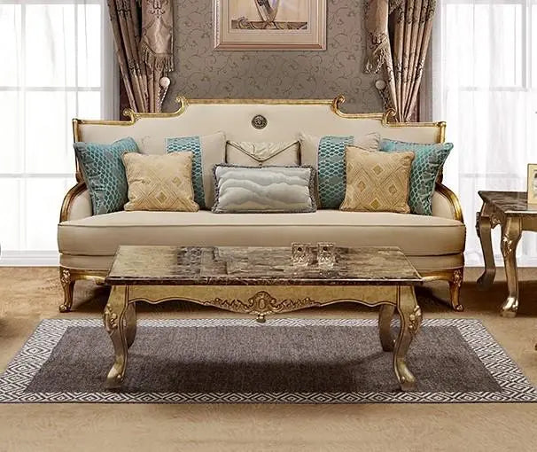 Majestic Traditional Sofa and Loveseat in Gold & Light Beige Wood Finish by Cosmos Furniture - ATL FURNITURE