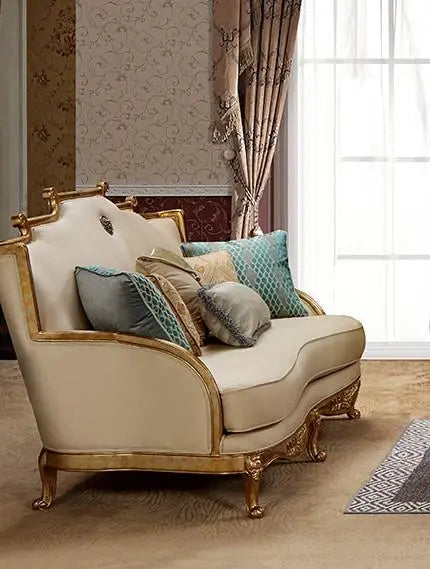 Majestic Traditional Sofa and Loveseat in Gold & Light Beige Wood Finish by Cosmos Furniture - ATL FURNITURE