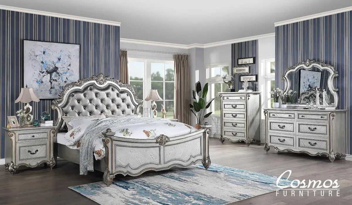 Melrose 6Pc Transitional Bedroom Set in Silver Finish by Cosmos Furniture - ATL FURNITURE