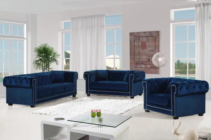 Bowery 3 Piece Living Room Set In Navy - ATL FURNITURE