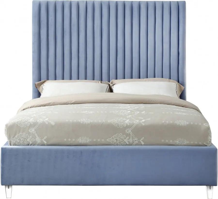 Candace Velvet King Bed In Sky Blue - ATL FURNITURE