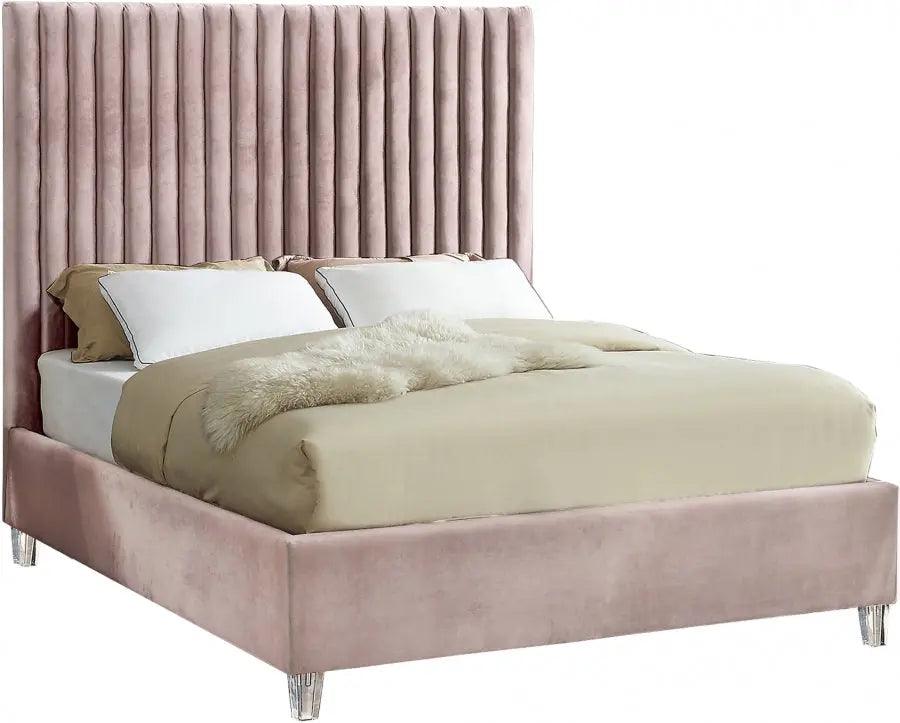 Candace Velvet Queen Bed In Pink - ATL FURNITURE