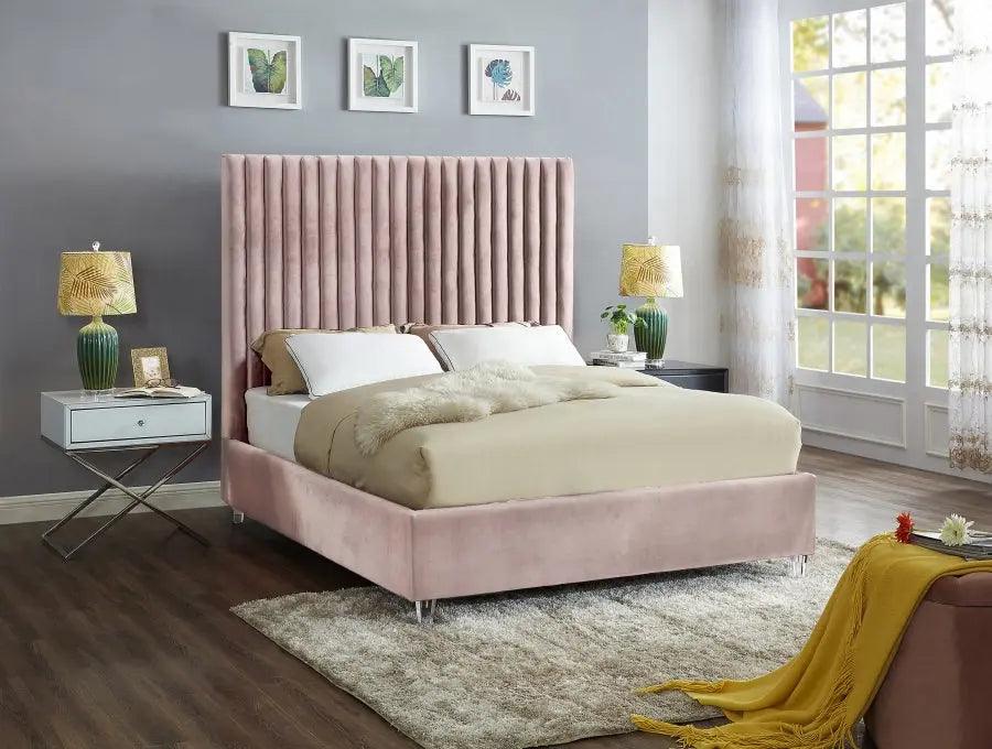 Candace Velvet Queen Bed In Pink - ATL FURNITURE
