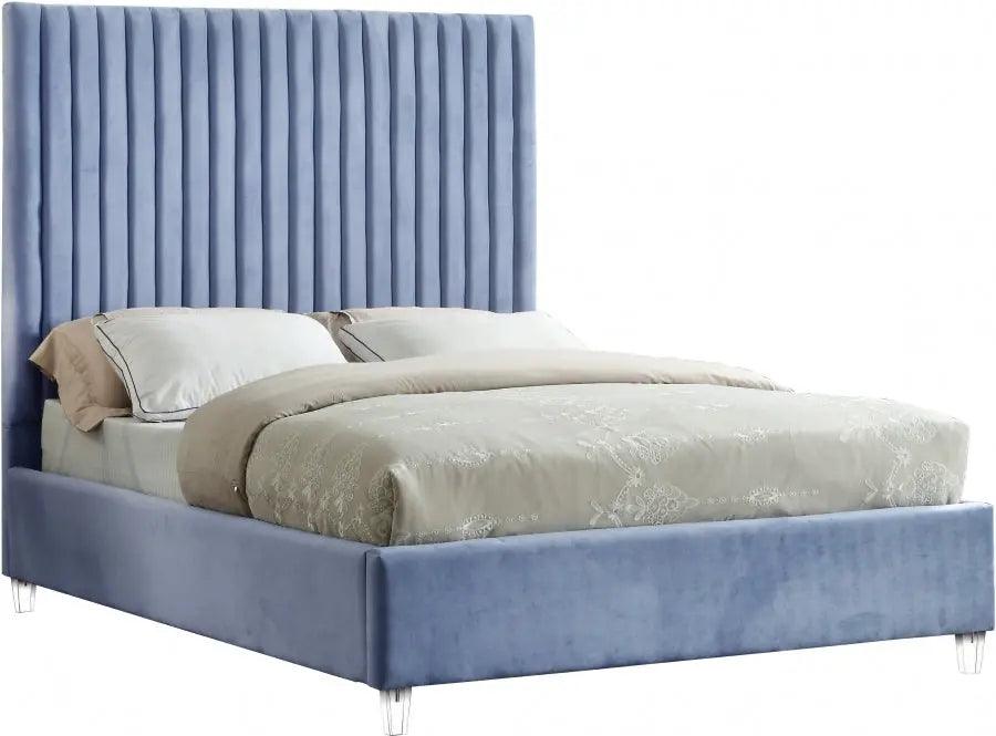 Candace Velvet Queen Bed In Sky Blue - ATL FURNITURE