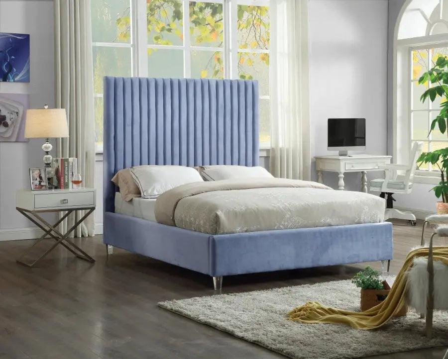 Candace Velvet Queen Bed In Sky Blue - ATL FURNITURE