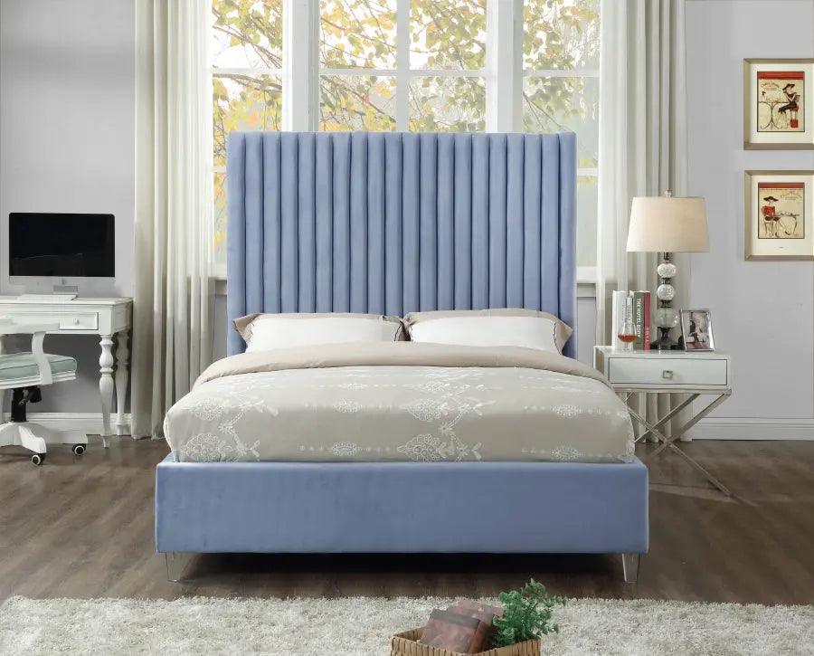Candace Velvet Queen Bed In Sky Blue - ATL FURNITURE