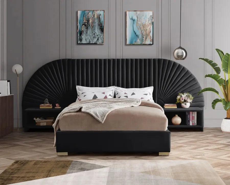 Cleo Velvet Queen Bed In Black - ATL FURNITURE