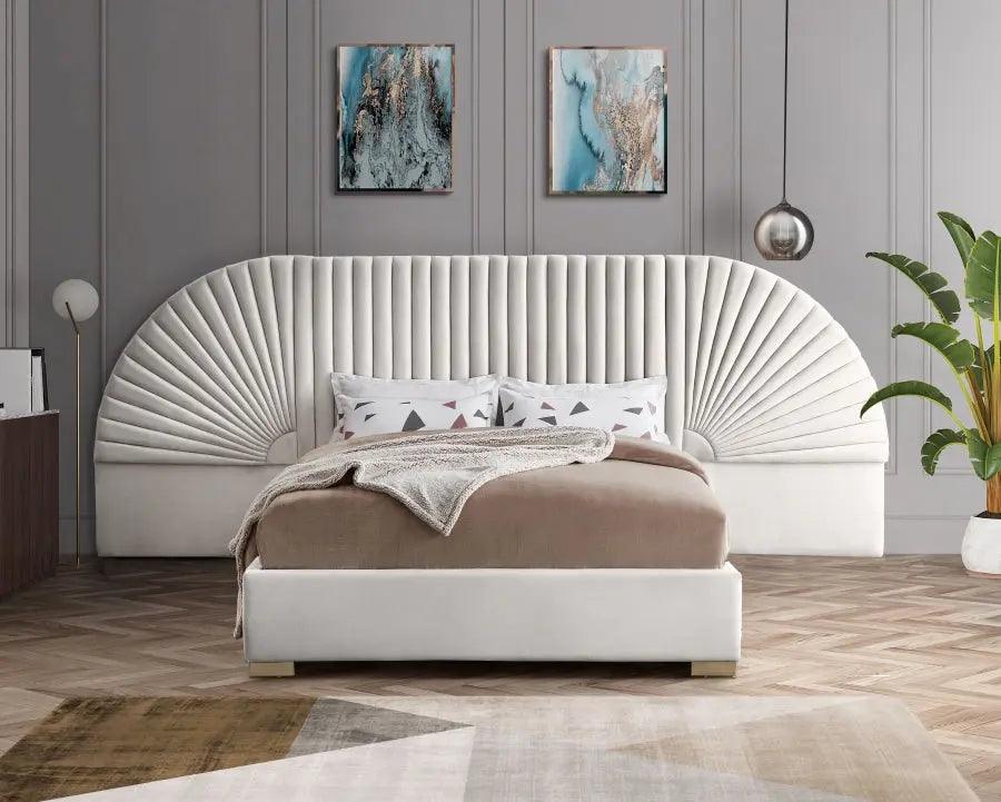 Cleo Velvet Queen Bed In Cream - ATL FURNITURE