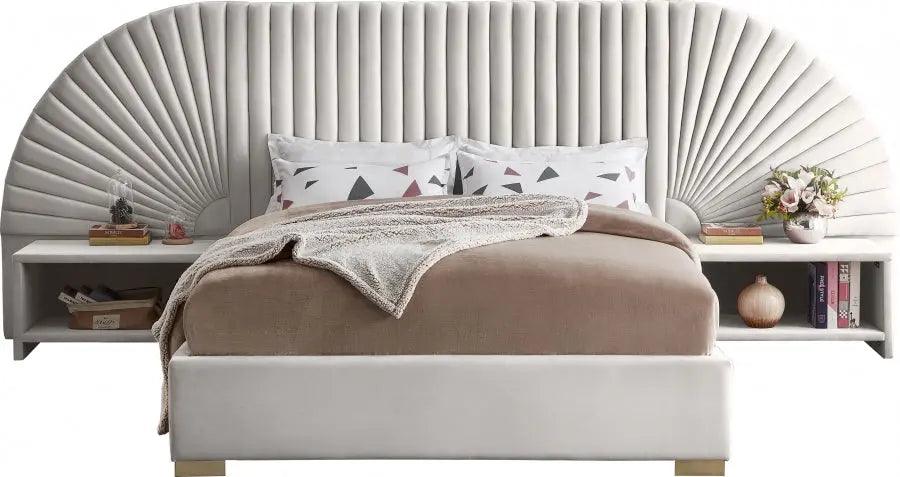 Cleo Velvet Queen Bed In Cream - ATL FURNITURE