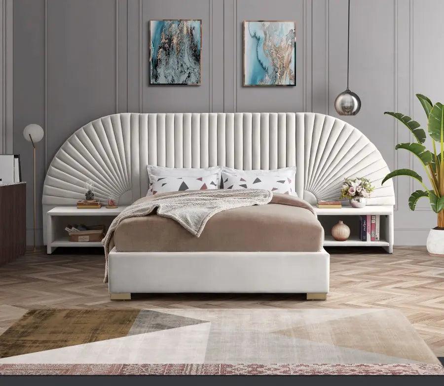 Cleo Velvet Queen Bed In Cream - ATL FURNITURE