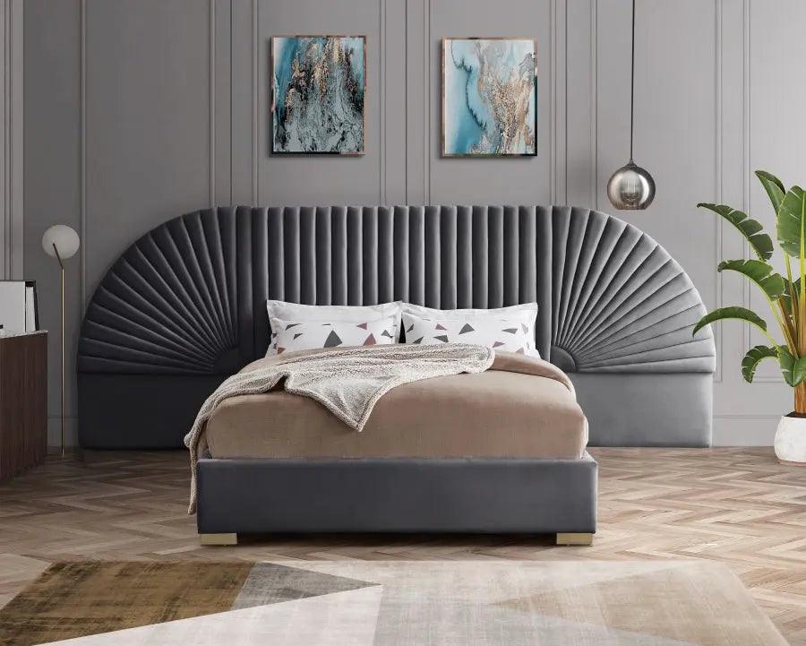 Cleo Velvet Queen Bed In Grey - ATL FURNITURE