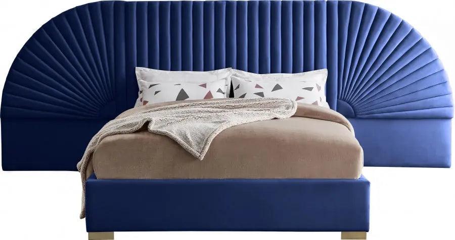 Meridian Furniture - Cleo Velvet Queen Bed In Navy - Cleonavy-Q - ATL FURNITURE