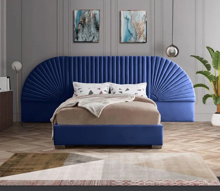 Meridian Furniture - Cleo Velvet Queen Bed In Navy - Cleonavy-Q - ATL FURNITURE