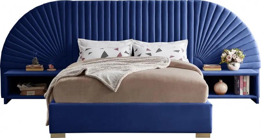 Meridian Furniture - Cleo Velvet Queen Bed In Navy - Cleonavy-Q - ATL FURNITURE
