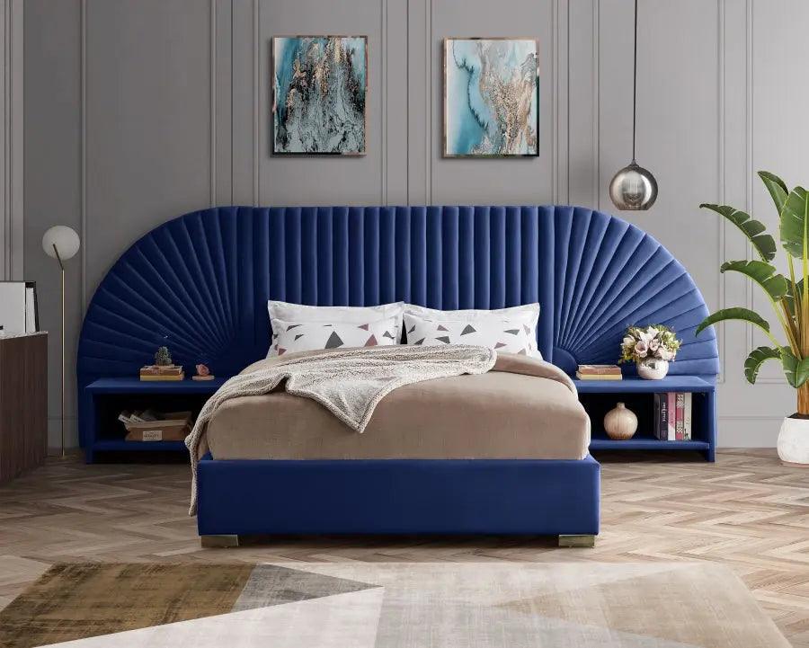 Meridian Furniture - Cleo Velvet Queen Bed In Navy - Cleonavy-Q - ATL FURNITURE