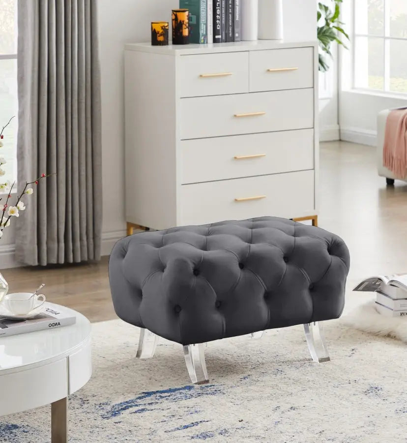 Meridian Furniture - Crescent Velvet Ottoman In Grey - 568Grey-Ott - ATL FURNITURE