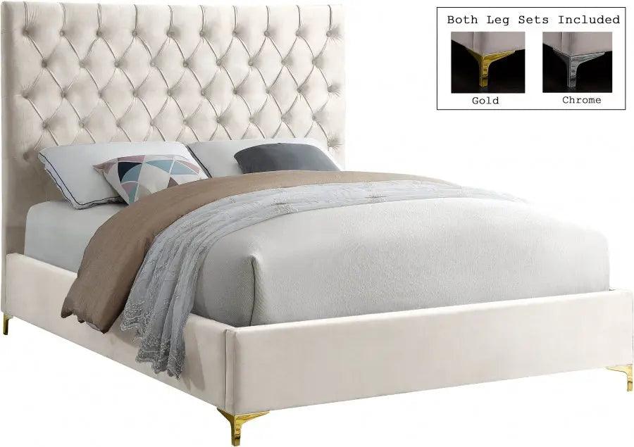 Cruz Velvet King Bed In Cream - ATL FURNITURE