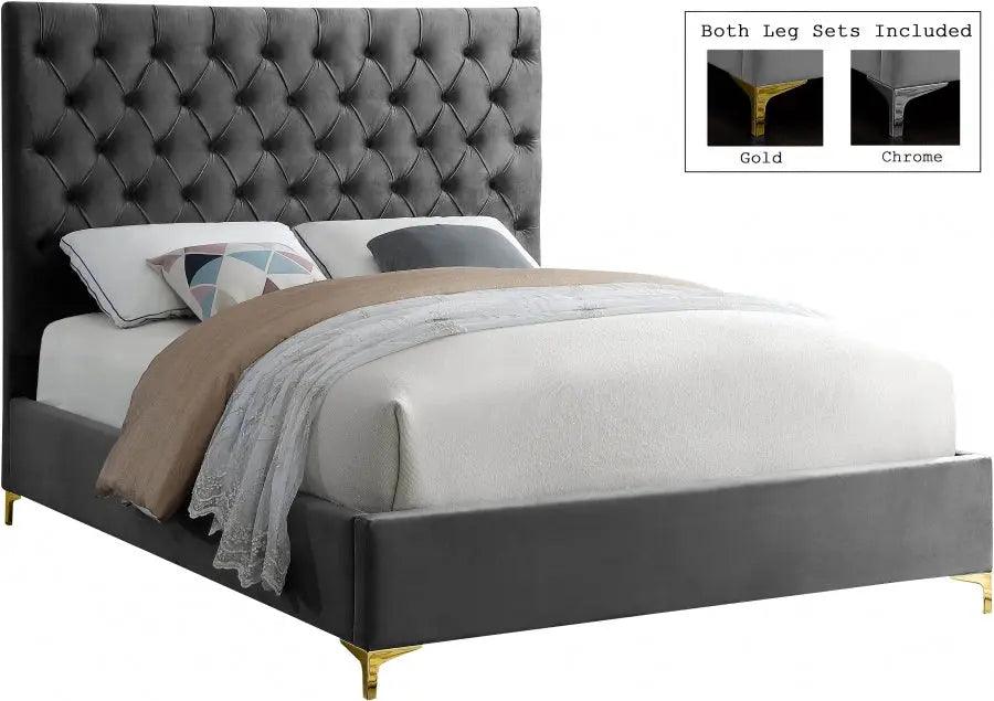 Cruz Velvet King Bed In Grey - ATL FURNITURE