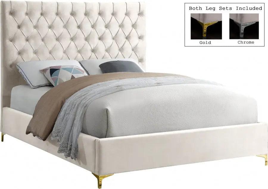 Cruz Velvet Queen Bed In Cream - ATL FURNITURE