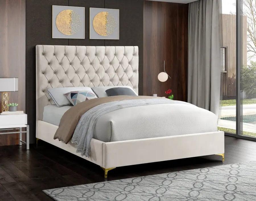 Cruz Velvet Queen Bed In Cream - ATL FURNITURE