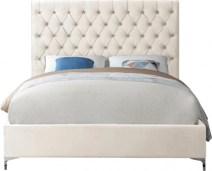 Cruz Velvet Queen Bed In Cream - ATL FURNITURE