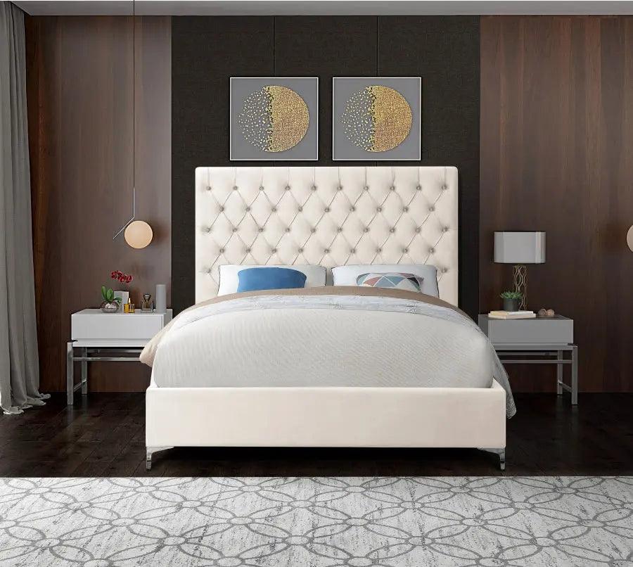 Cruz Velvet Queen Bed In Cream - ATL FURNITURE
