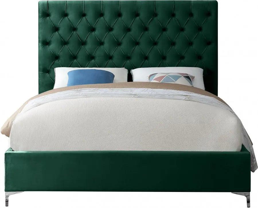 Cruz Velvet Queen Bed In Green - ATL FURNITURE