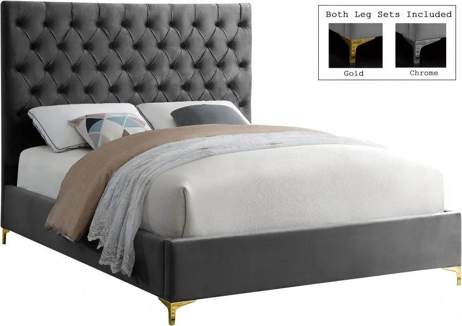 Cruz Velvet Queen Bed In Grey - ATL FURNITURE
