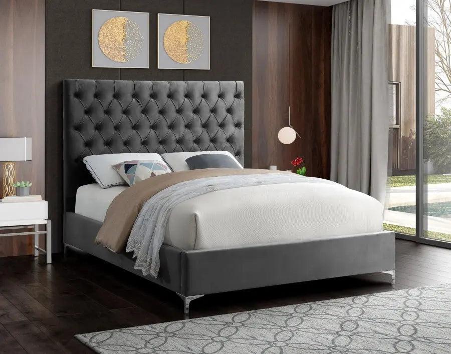 Cruz Velvet Queen Bed In Grey - ATL FURNITURE