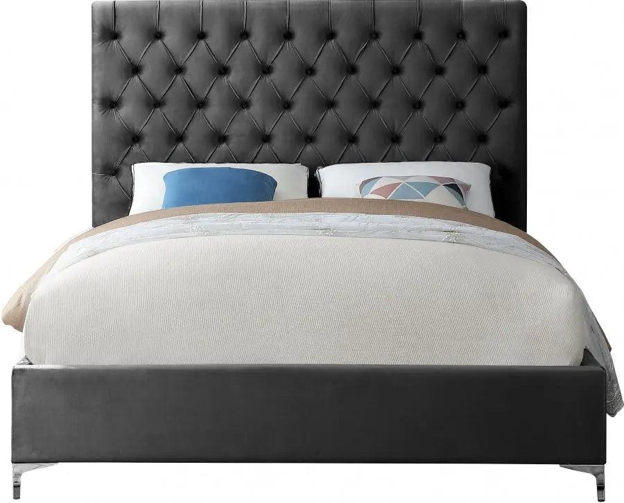 Cruz Velvet Queen Bed In Grey - ATL FURNITURE