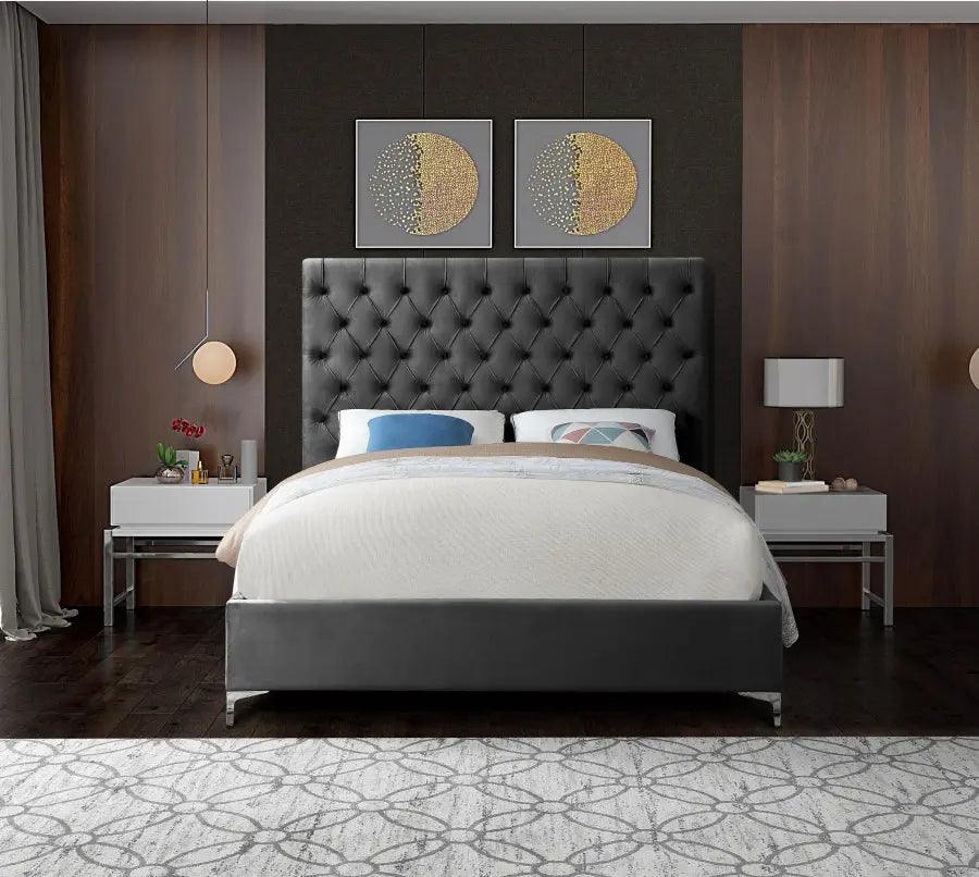 Cruz Velvet Queen Bed In Grey - ATL FURNITURE