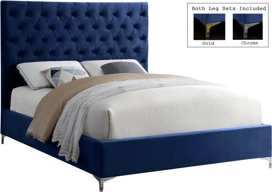 Cruz Velvet Queen Bed In Navy - ATL FURNITURE