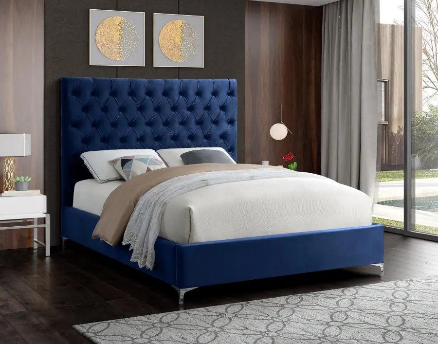 Cruz Velvet Queen Bed In Navy - ATL FURNITURE