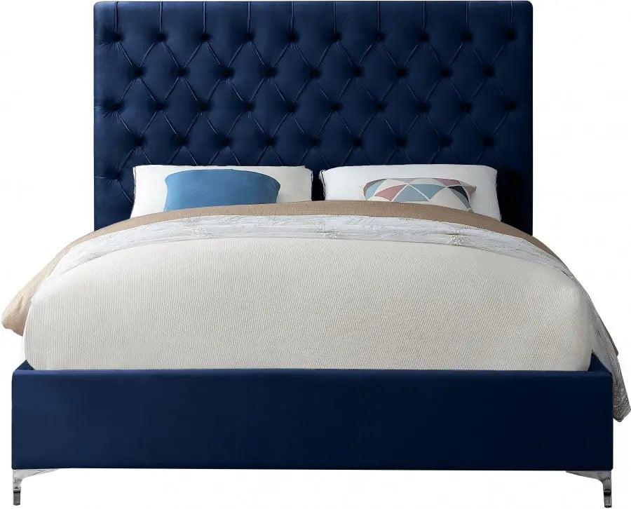 Cruz Velvet Queen Bed In Navy - ATL FURNITURE