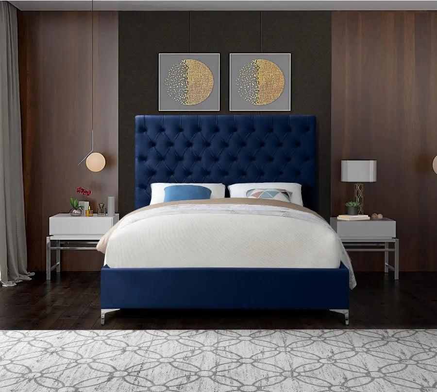 Cruz Velvet Queen Bed In Navy - ATL FURNITURE