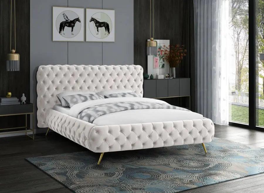 Delano Velvet King Bed In Cream - ATL FURNITURE