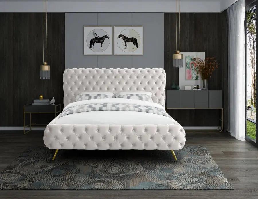 Delano Velvet King Bed In Cream - ATL FURNITURE