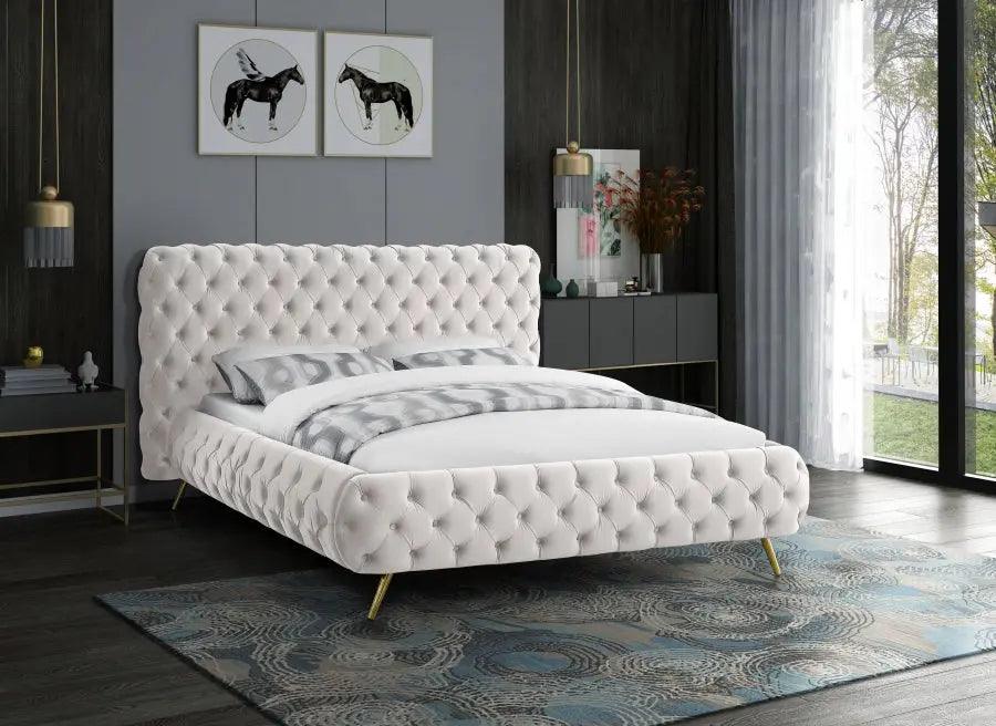 Delano Velvet Queen Bed In Cream - ATL FURNITURE