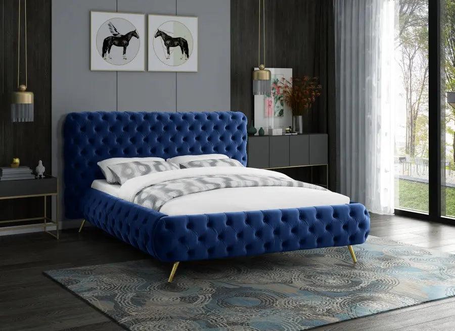 Delano Velvet Queen Bed In Navy - ATL FURNITURE
