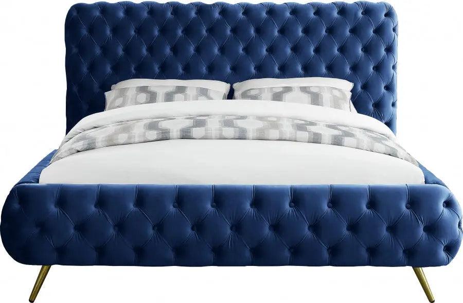 Delano Velvet Queen Bed In Navy - ATL FURNITURE