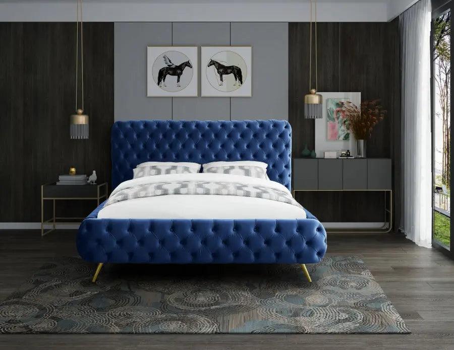 Delano Velvet Queen Bed In Navy - ATL FURNITURE