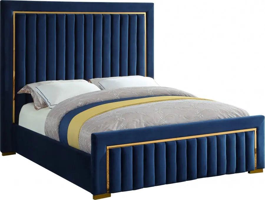 Dolce Velvet Queen Bed In Navy - ATL FURNITURE
