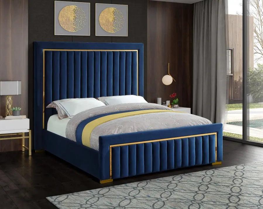 Dolce Velvet Queen Bed In Navy - ATL FURNITURE