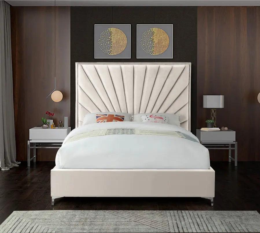 Eclipse Velvet Queen Bed In Cream - ATL FURNITURE