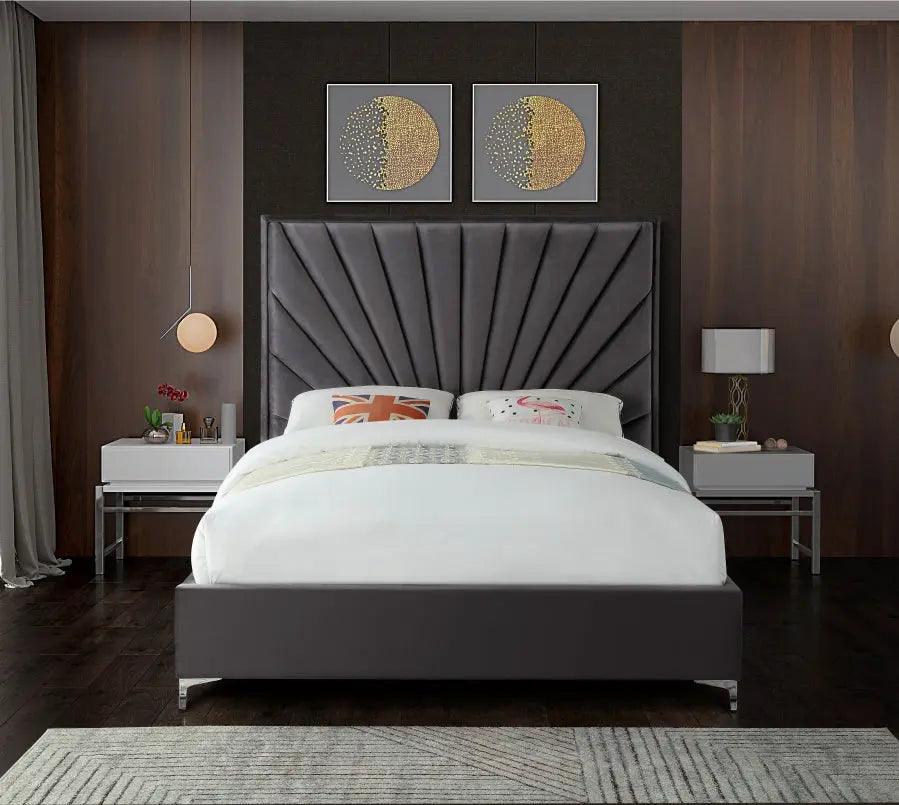 Eclipse Velvet Queen Bed In Grey - ATL FURNITURE