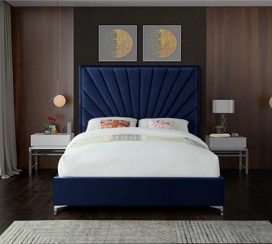 Eclipse Velvet Queen Bed In Navy - ATL FURNITURE