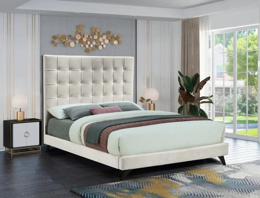 Elly Velvet Queen Bed In Cream - Ellycream-Q - ATL FURNITURE