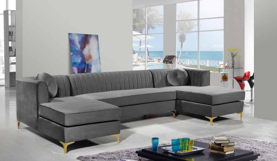 Graham Velvet 3 Piece Sectional In Grey - ATL FURNITURE